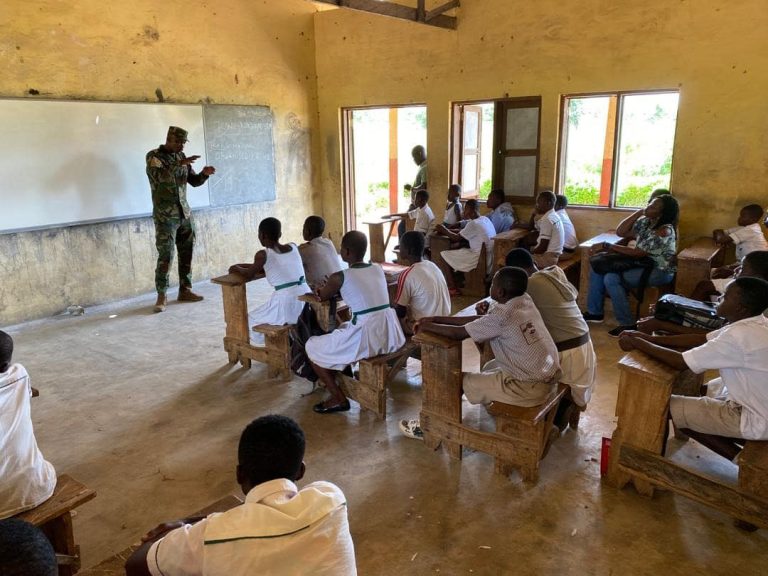 Sensitisation exercise in Saru and Sawla-Tuna-Kalba District - 7th October 2024 commander ocloo with school children in saru sensitization 24